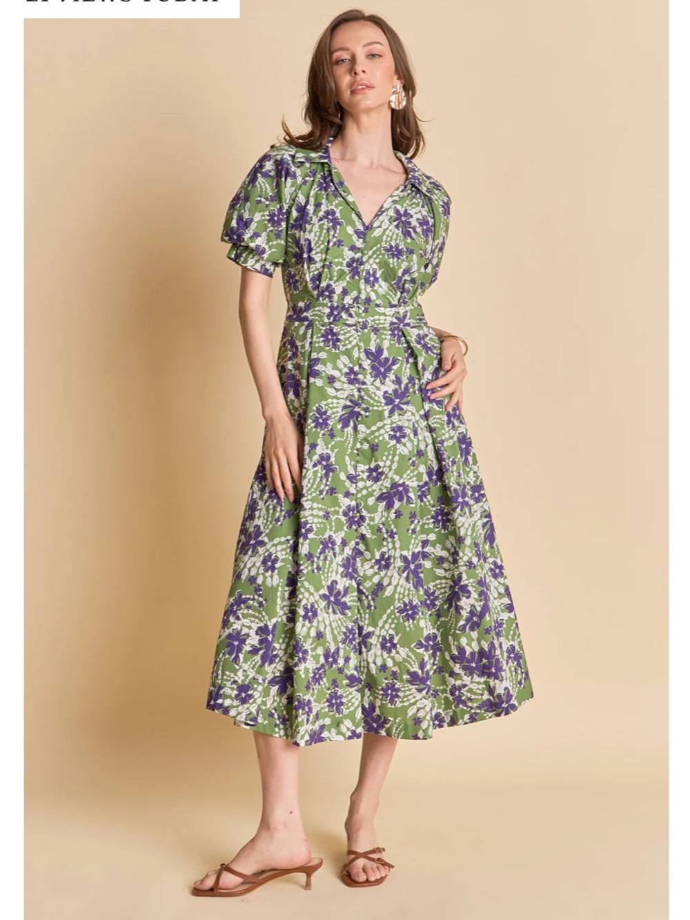 Green and Purple Floral Printed Midi Dress